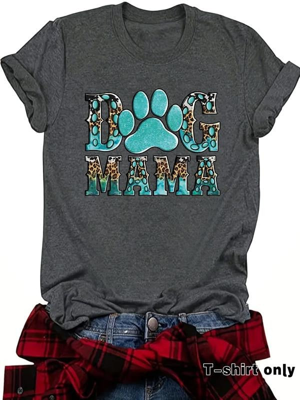 Women'WB shield Cartoon Dog Paw & Letter Print Round Neck Tee, Fashion Casual Crew Neck T-Shirt for Daily Holiday...
