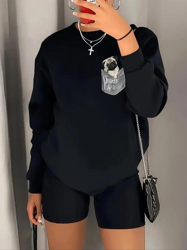 Women'WB shield Cartoon Dog Print Drop Shoulder Sweatshirt, Casual Long Sleeve Round Neck Pullover for Daily Wear, Ladies...