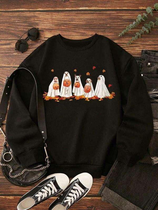 Women'WB shield Cartoon Dog Print Drop Shoulder Sweatshirt, Halloween Casual Long Sleeve Round Neck Pullover for Fall &...