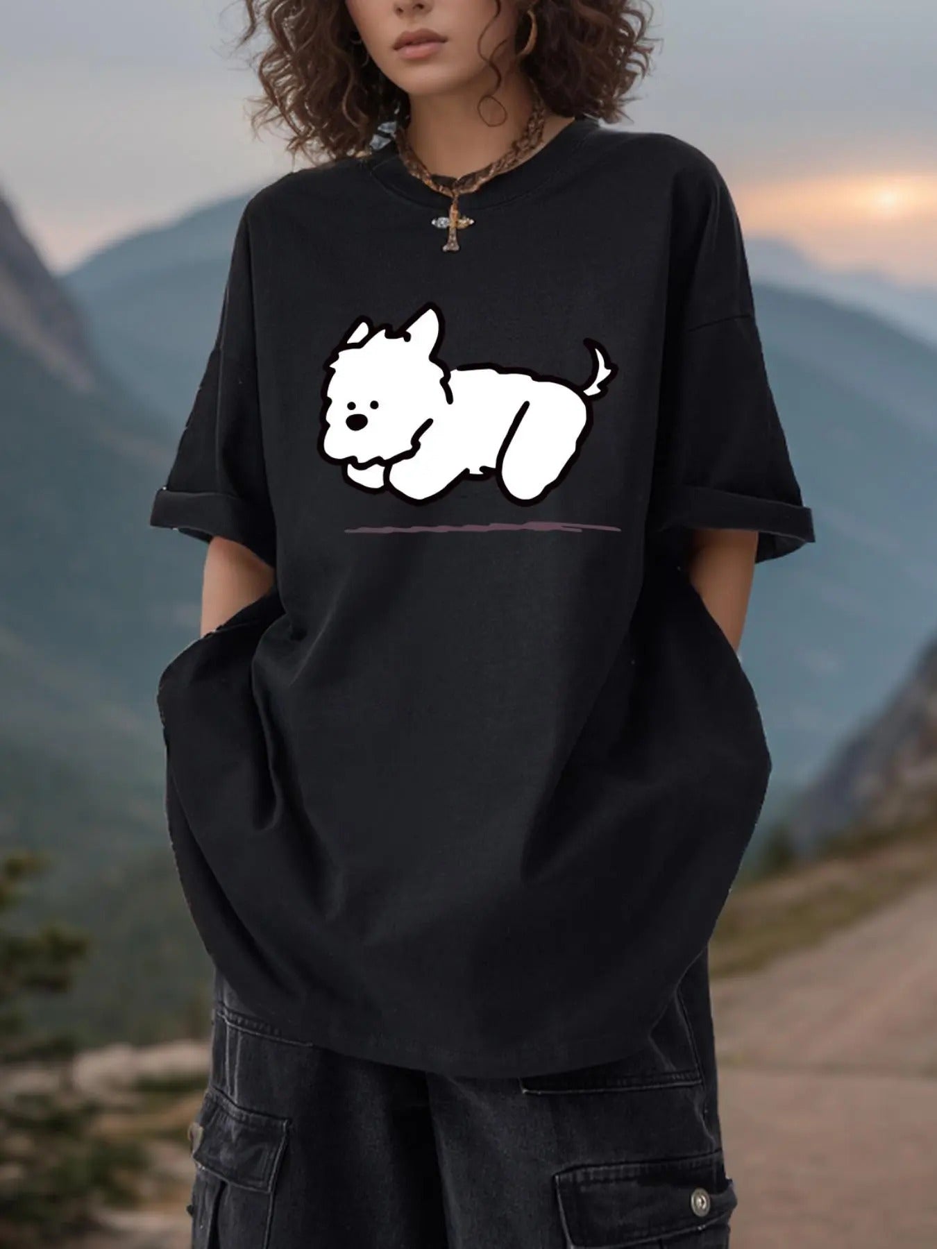 Women'WB shield Cartoon Dog Print Round Neck Tee, Cute Casual Drop Shoulder Half Sleeve T-shirt for Daily Holiday Outdoor...