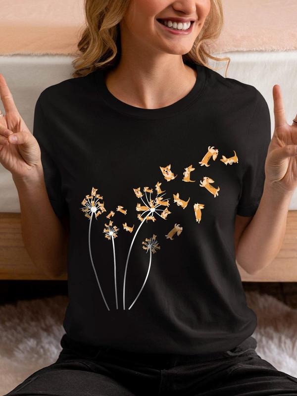 Women'WB shield Cartoon Dog Print Round Neck Tee, Cute Casual Short Sleeve T-shirt for Daily Wear, Ladies TNF for Spiky...
