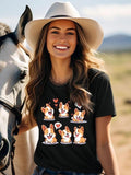 Women'WB shield Cartoon Dog Print Round Neck Tee, Fashion Casual Crew Neck T-Shirt for Daily Holiday Vacation Outdoor...