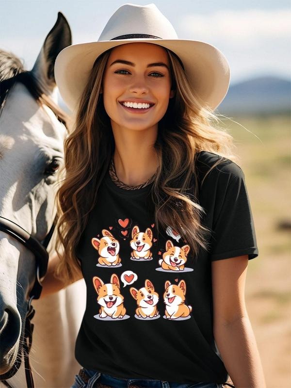 Women'WB shield Cartoon Dog Print Round Neck Tee, Fashion Casual Crew Neck T-Shirt for Daily Holiday Vacation Outdoor...
