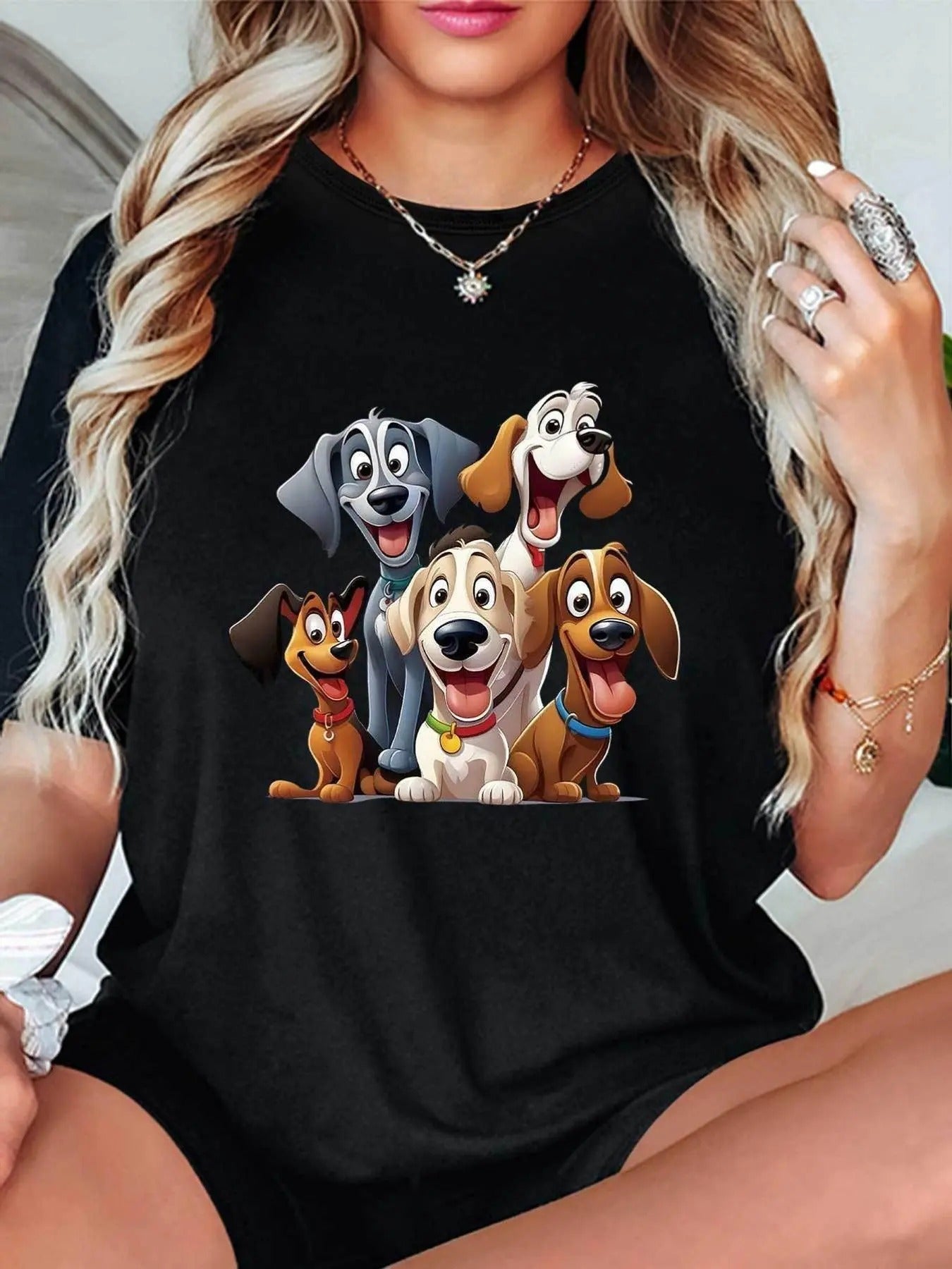 Women'WB shield Cartoon Dog Print Round Neck Tee, Fashion Casual Letter Graphic Crew Neck T-Shirt for Daily Holiday...