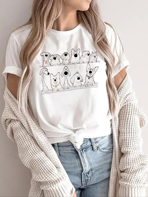 Women'WB shield Cartoon Dog Print Round Neck Tee, Fashion Casual Short Sleeve T-shirt, Ladies Summer TNF for Daily Wear,...