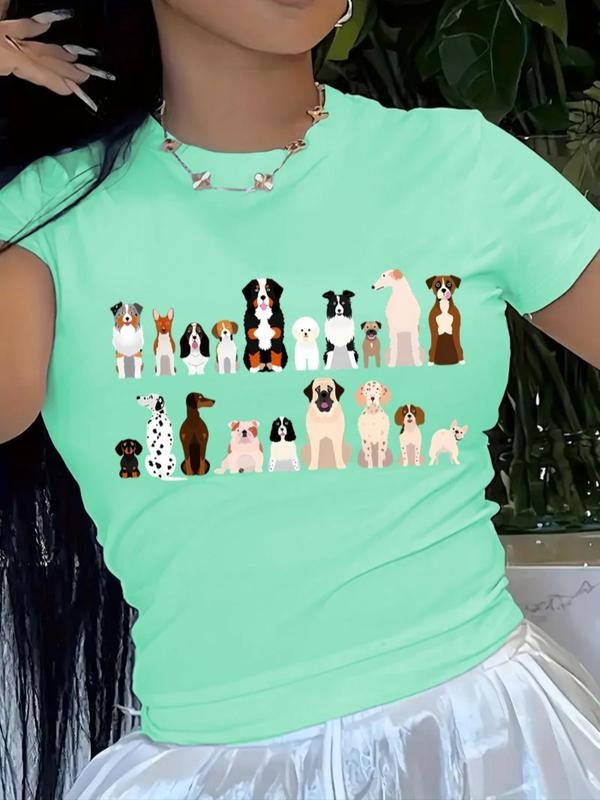 Women'WB shield Cartoon Dogs Print Round Neck Tee, Fashion Casual Short Sleeve T-shirt, Ladies Summer TNF for Daily Wear...