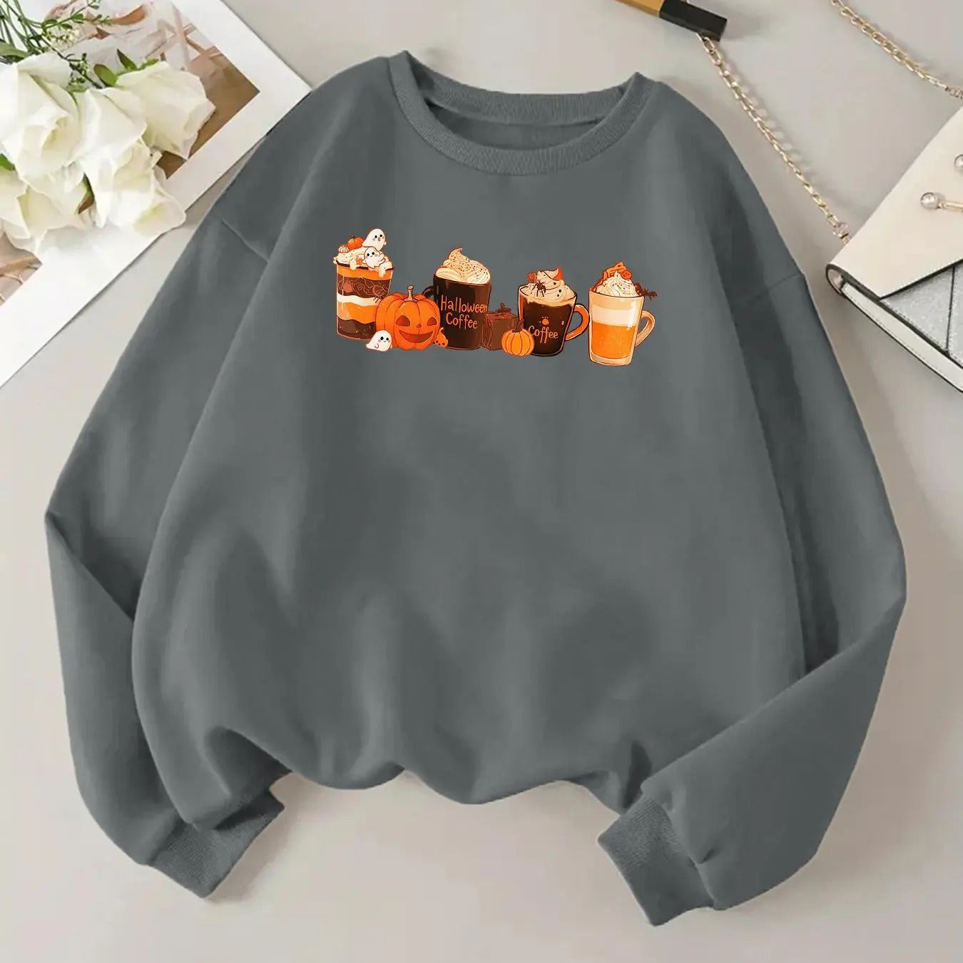 Women'WB shield Cartoon Drink Print Drop Shoulder Sweatshirt, Casual Long Sleeve Round Neck Pullover for Daily Wear,...