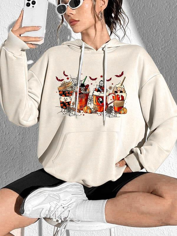 Women'WB shield Cartoon Drinks Print Drop Shoulder Hoodie, Fashion Casual Drawstring Pocket Hooded Sweatshirt for Daily...