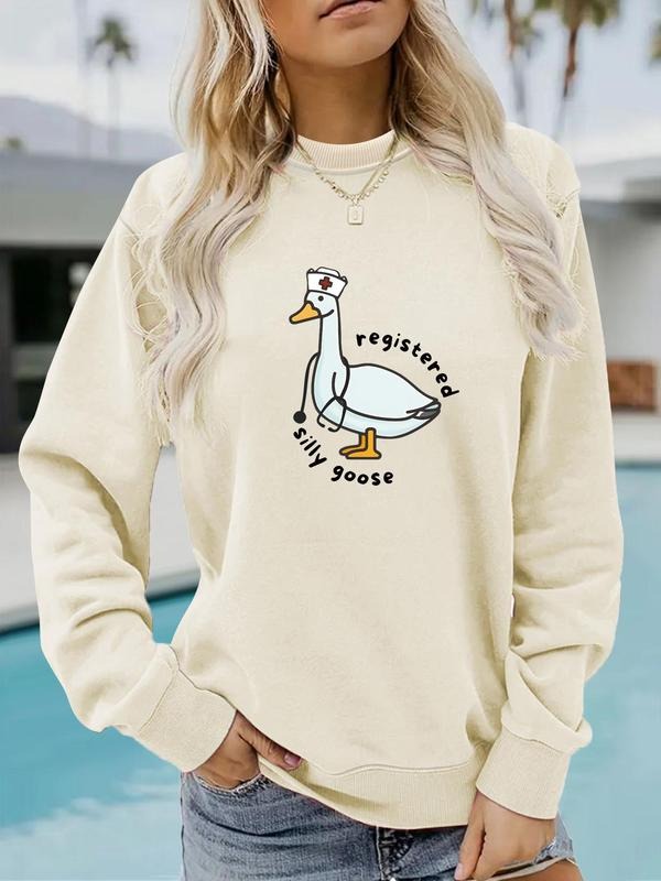 Women'WB shield Cartoon Duck & Letter Print Round Neck Sweatshirt, Fashion Casual Crew Neck Long Sleeve Pullover for...