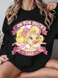 Women'WB shield Cartoon Duck & Letter Print Round Neck Sweatshirt, Swoosh Count Casual Long Sleeve Pullover for Fall &...