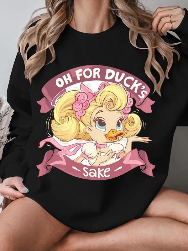 Women'WB shield Cartoon Duck & Letter Print Round Neck Sweatshirt, Swoosh Count Casual Long Sleeve Pullover for Fall &...