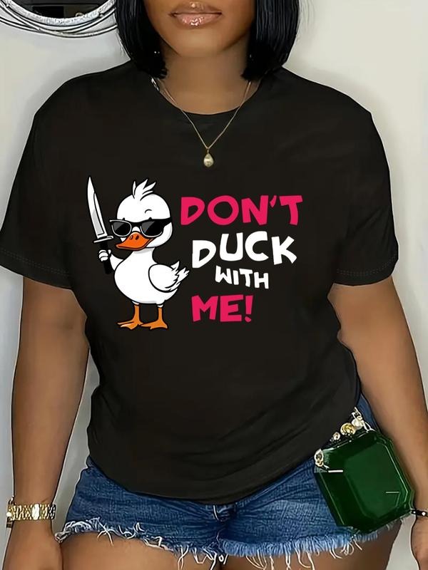 Women'WB shield Cartoon Duck & Letter Print Round Neck Tee, Fashion Casual Crew Neck T-Shirt for Daily Holiday Vacation...