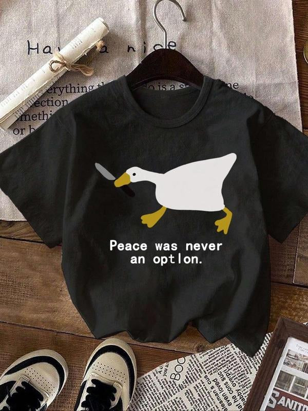 Women'WB shield Cartoon Duck & Letter Print Round Neck Tee, Fashion Casual Crew Neck T-Shirt for Daily Holiday Vacation...