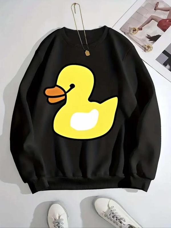 Women'WB shield Cartoon Duck Print Crew Neck Drop Shoulder Sweatshirt, Casual Long Sleeve Pullover for Daily Wear, Ladies...