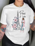 Women'WB shield Cartoon Eiffel Tower & Letter Print Drop Shoulder Tee, Fashion Casual Floral Graphic Crew Neck T-Shirt...