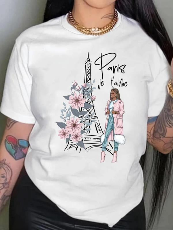 Women'WB shield Cartoon Eiffel Tower & Letter Print Drop Shoulder Tee, Fashion Casual Floral Graphic Crew Neck T-Shirt...
