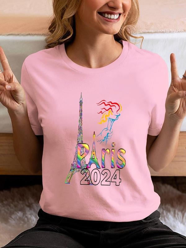Women'WB shield Cartoon Eiffel Tower Graphic Print Round Neck Tee, Fashion Casual Short Sleeve T-shirt for Daily Wear,...