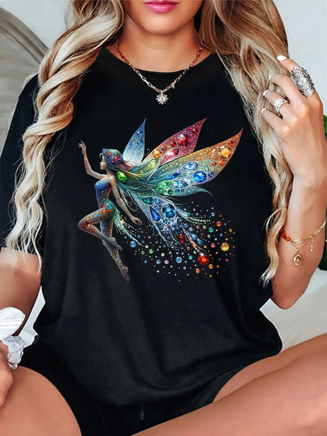 Women'WB shield Cartoon Elf Print Round Neck Tee, Fashion Casual Short Sleeve T-shirt, Ladies Summer TNF for Daily Wear...