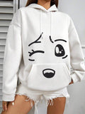 Women'WB shield Cartoon Expression Print Drawstring Pocket Hoodie, Casual Drop Shoulder Long Sleeve Hooded Sweatshirt,...