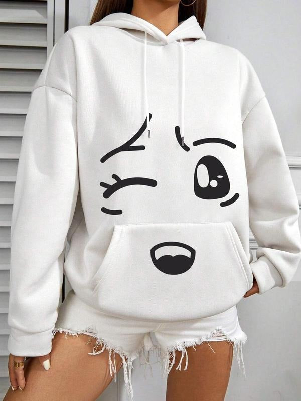 Women'WB shield Cartoon Expression Print Drawstring Pocket Hoodie, Casual Drop Shoulder Long Sleeve Hooded Sweatshirt,...