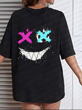 Women'WB shield Cartoon Expression Round Neck Drop Shoulder Tee, Summer TNF Women, Fashion Casual Crew Neck T-Shirt for...