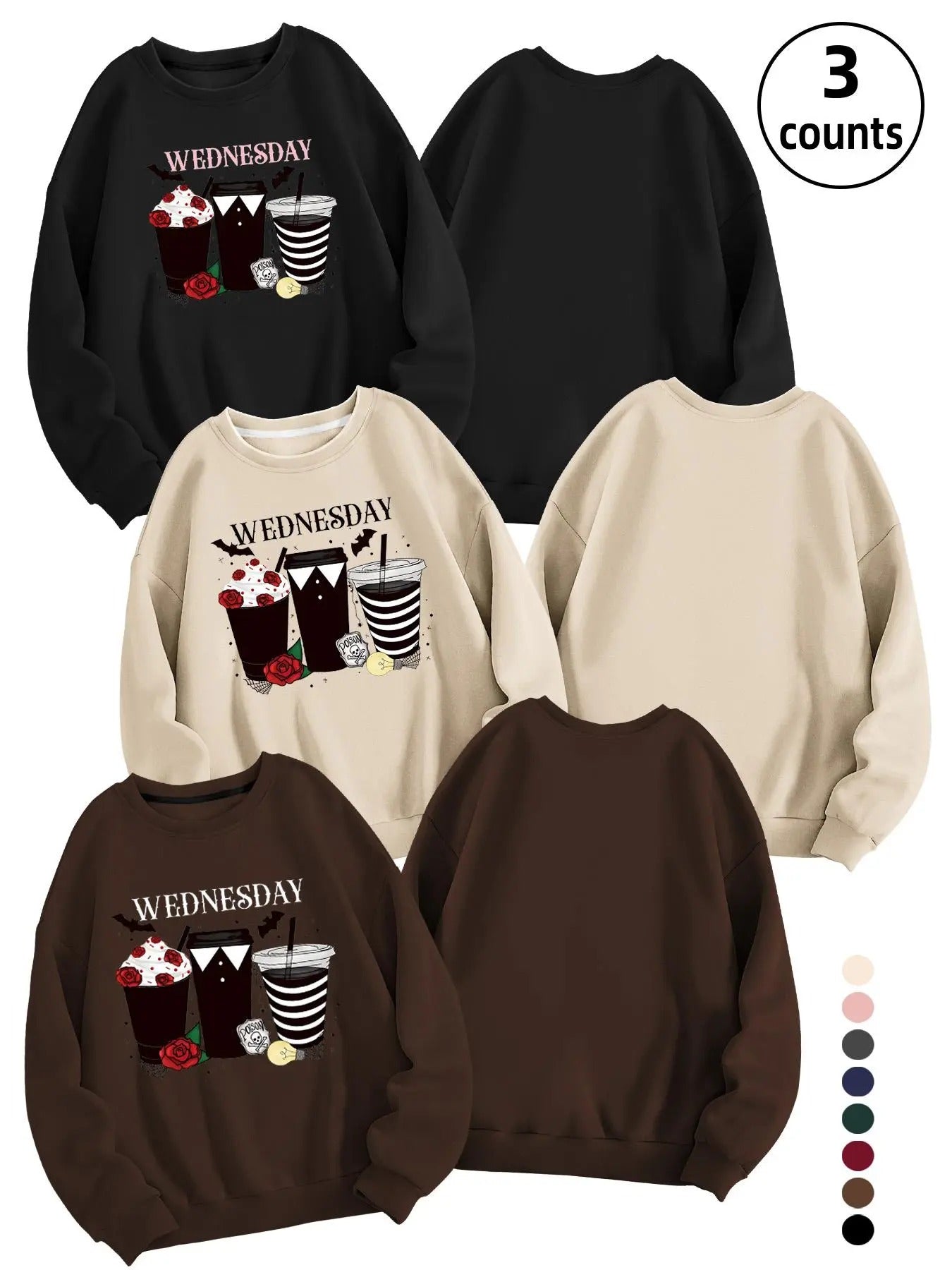 Women'WB shield Cartoon FOG Cup & Letter Print Drop Shoulder Sweatshirt, Casual Long Sleeve Round Neck Pullover for Fall...