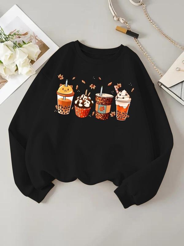 Women'WB shield Cartoon FOG Print Drop Shoulder Fleece Sweatshirt, Casual Long Sleeve Round Neck Pullover for Fall &...