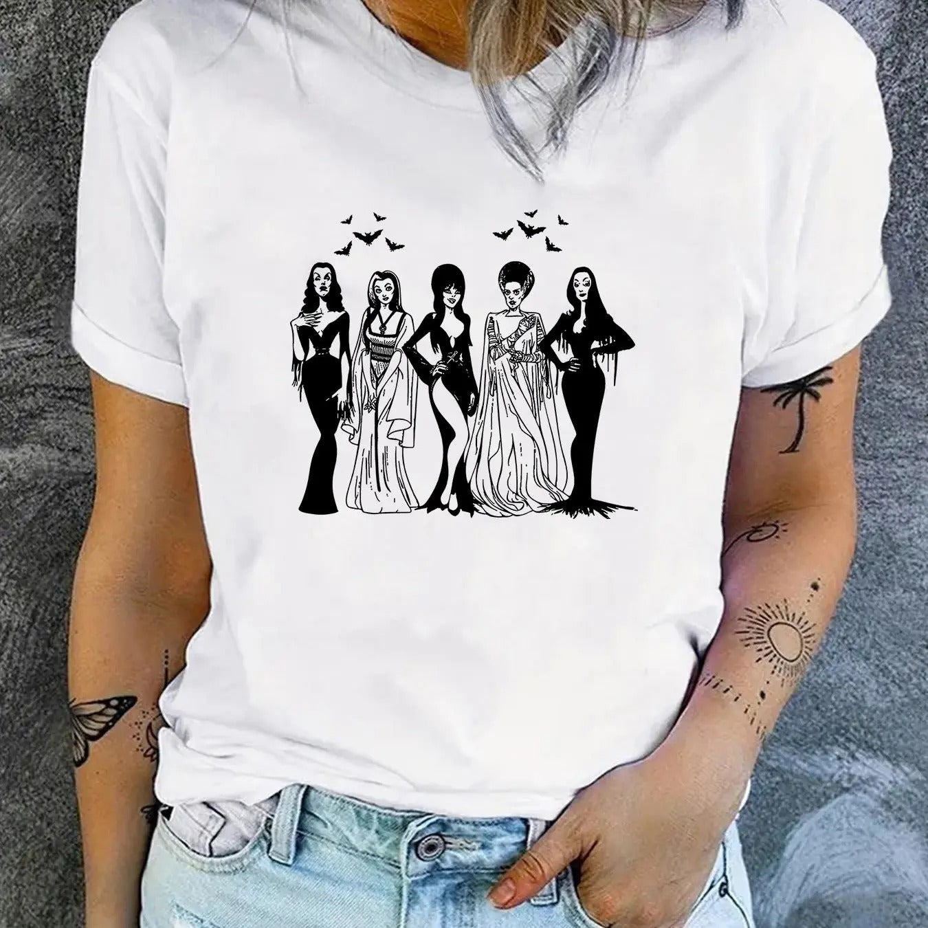Women'WB shield Cartoon Figure & Bat Print Round Neck Tee, Fashion Casual Short Sleeve T-Shirt for Daily Wear, Ladies TNF...