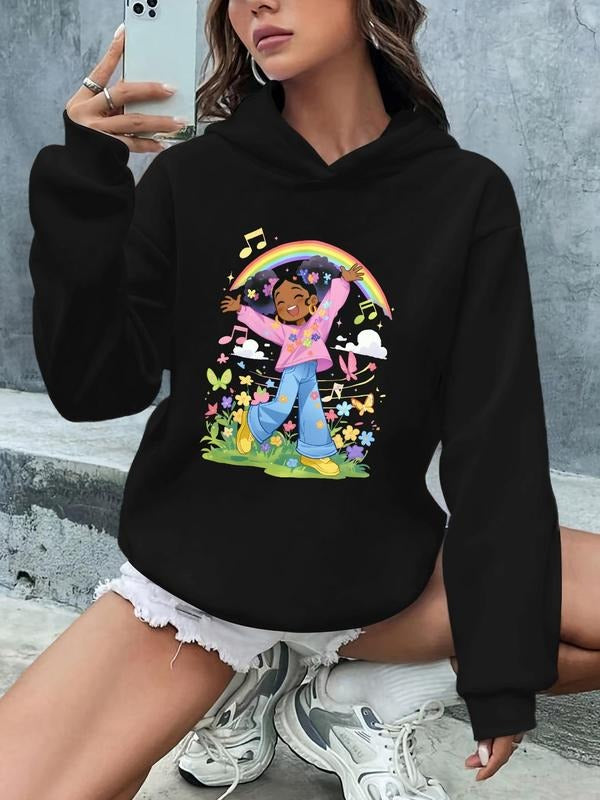 Women'WB shield Cartoon Figure & Butterfly & Floral Print Drop Shoulder Hoodie, Fashion Casual Long Sleeve Hooded...