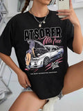 Women'WB shield Cartoon Figure & Car Print Round Neck Drop Shoulder Tee, Fashion Casual Letter Graphic Short Sleeve...