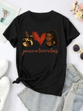 Women'WB shield Cartoon Figure & Heart & Gesture Print Round Neck Tee, Trendy Casual Short Sleeve Graphic T-Shirt for...