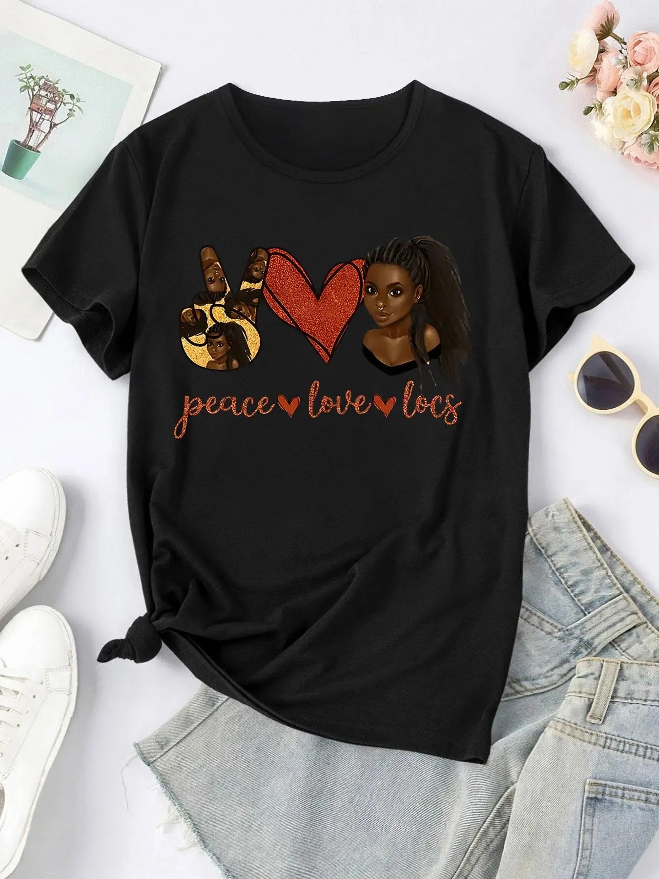 Women'WB shield Cartoon Figure & Heart & Gesture Print Round Neck Tee, Trendy Casual Short Sleeve Graphic T-Shirt for...