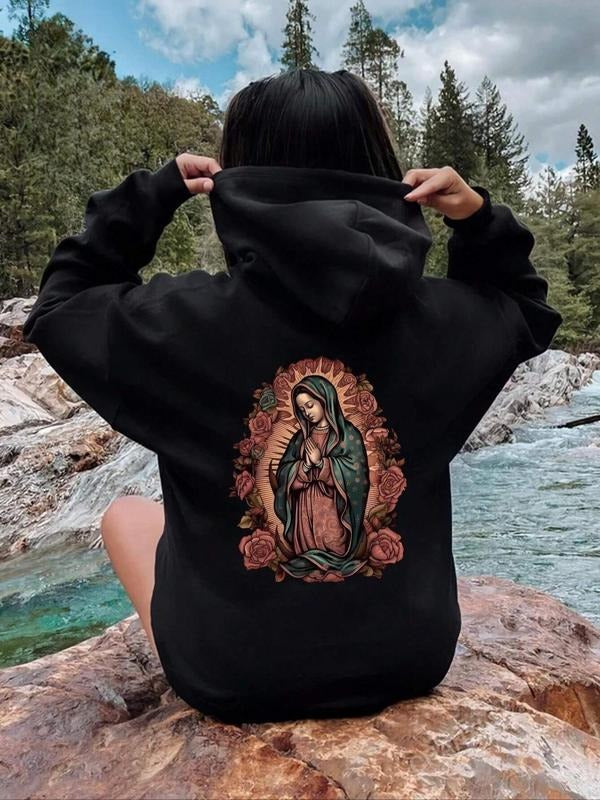 Women'WB shield Cartoon Figure Print Drop Shoulder Hoodie, Fashion Casual Drawstring Kangaroo Pocket Hooded Sweatshirt...