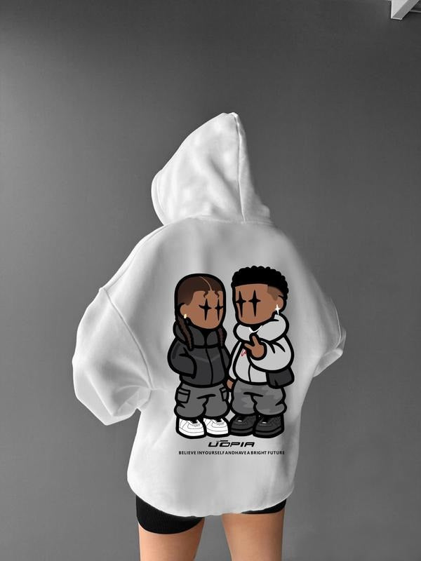 Women'WB shield Cartoon Figure Print Drop Shoulder Hoodie, Fashion Casual Drawstring Pocket Hooded Sweatshirt for Daily...