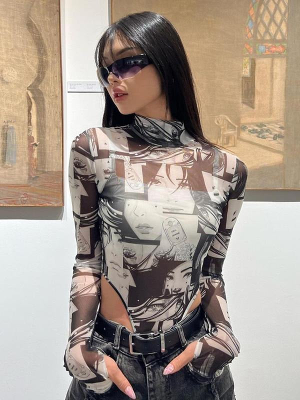 Women'WB shield Cartoon Figure Print Mock Neck Sheer Mesh Bodysuit, Femboy Sissy Goth Outfit, Street Fashion Long Sleeve...