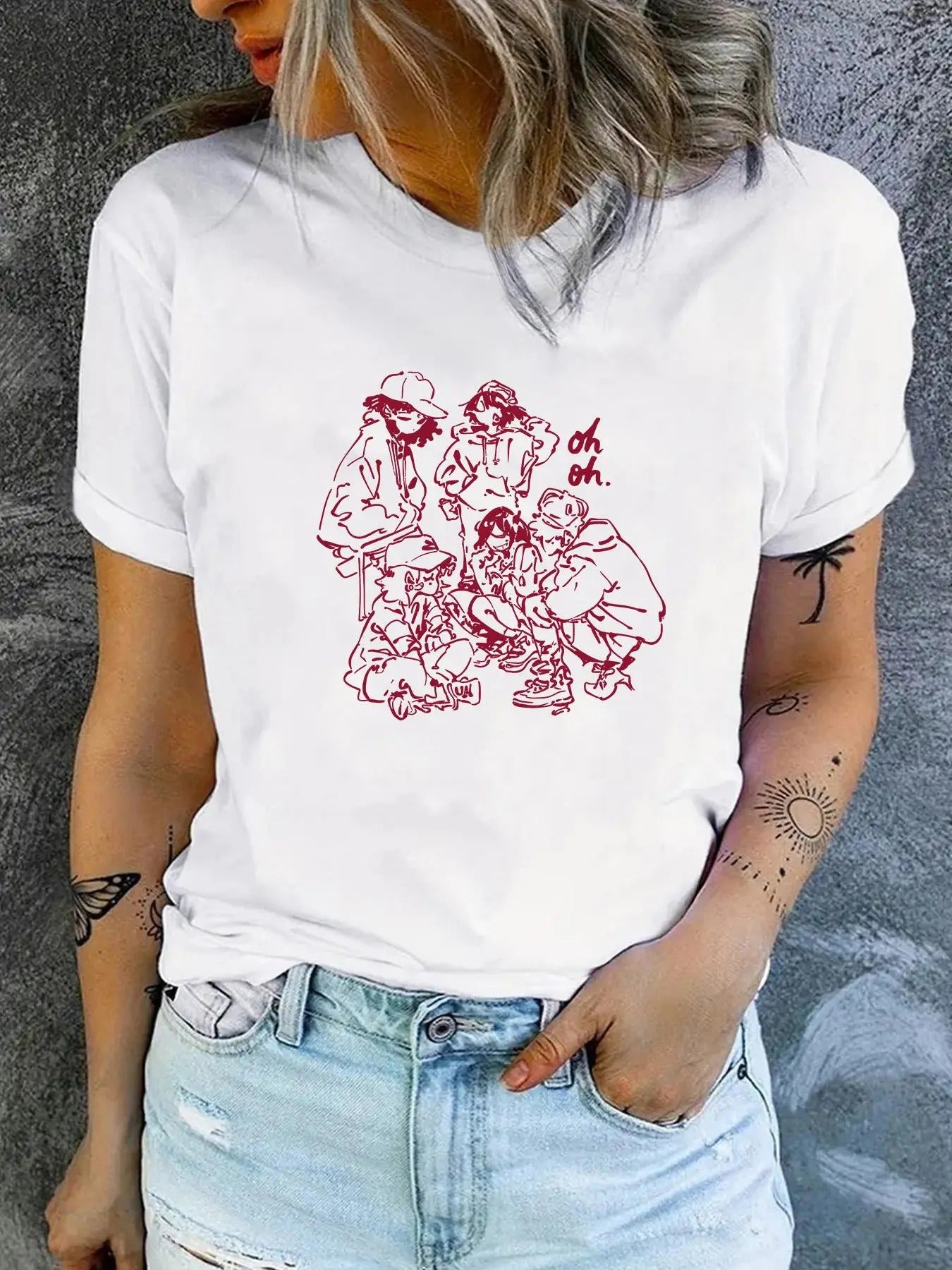 Women'WB shield Cartoon Figure Print Round Neck Graphic Tee, Vintage Trendy Casual Short Sleeve T-shirt for Daily Wear,...