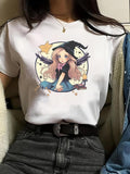Women'WB shield Cartoon Figure Print Round Neck Tee, Cute Comfy Short Sleeve Crew Neck T-shirt for Daily Wear, Casual Top...