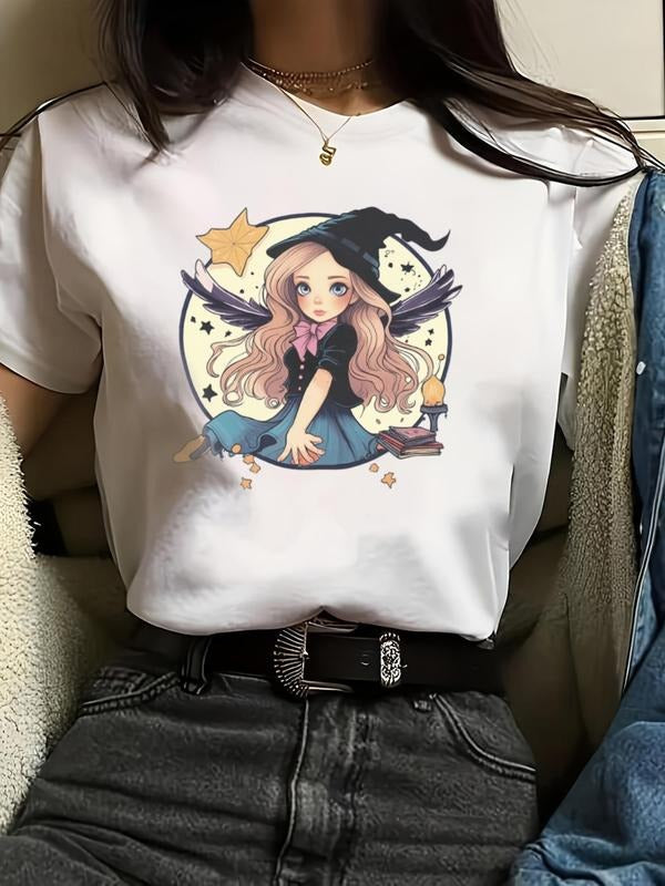 Women'WB shield Cartoon Figure Print Round Neck Tee, Cute Comfy Short Sleeve Crew Neck T-shirt for Daily Wear, Casual Top...