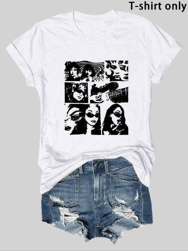 Women'WB shield Cartoon Figure Print Round Neck Tee, Fashion Casual Short Sleeve T-shirt for Daily Wear, Ladies TNF for...