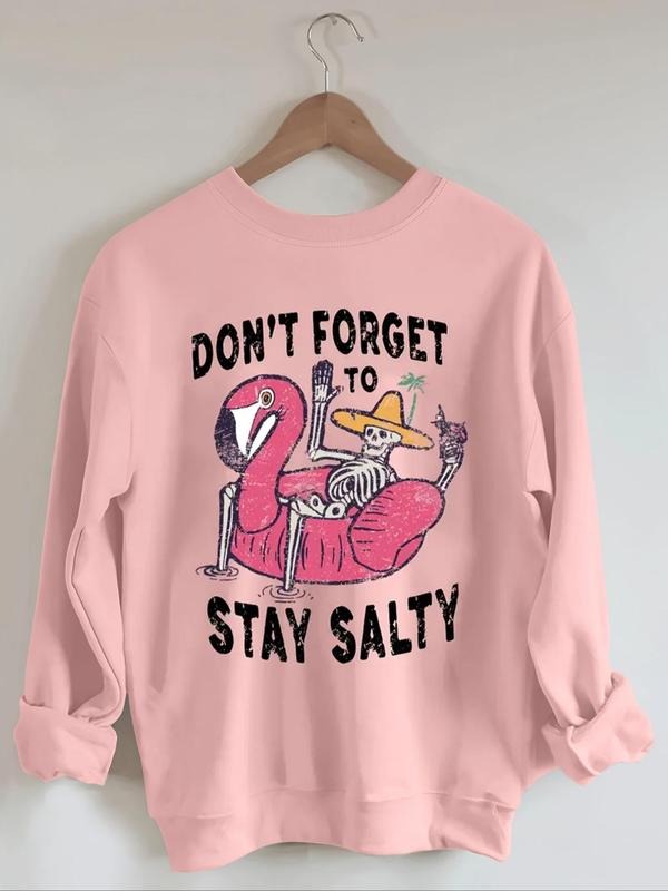 Women'WB shield Cartoon Flamingo & Skeleton Print Crew Neck TNF Lined Sweatshirt, Casual Drop Shoulder Long Sleeve...
