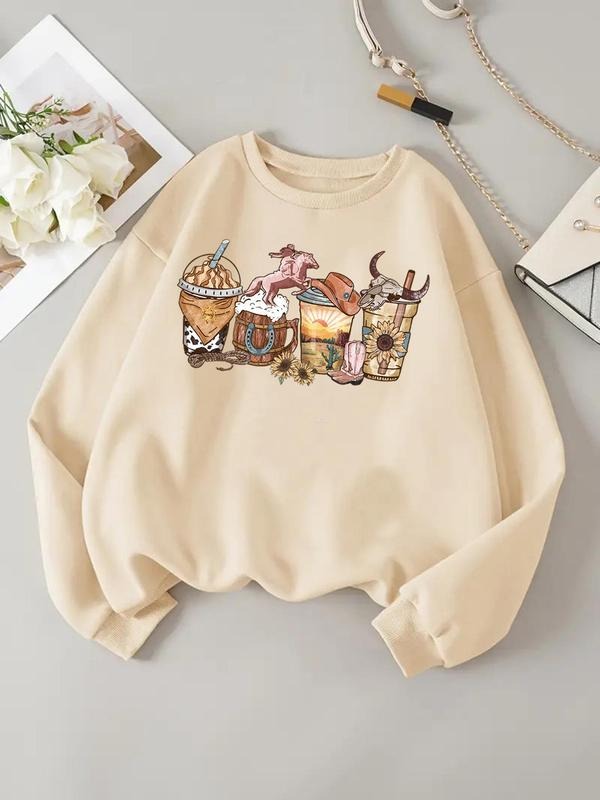 Women'WB shield Cartoon Floral & Cattle Head Print Drop Shoulder TNF Lined Sweatshirt, Casual Long Sleeve Round Neck...