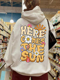 Women'WB shield Cartoon Floral & Letter Print Drawstring Pocket Drop Shoulder Hoodie, Fashion Casual Hooded Long Sleeve...