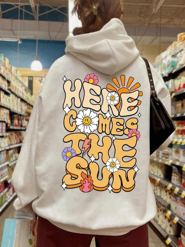 Women'WB shield Cartoon Floral & Letter Print Drawstring Pocket Drop Shoulder Hoodie, Fashion Casual Hooded Long Sleeve...