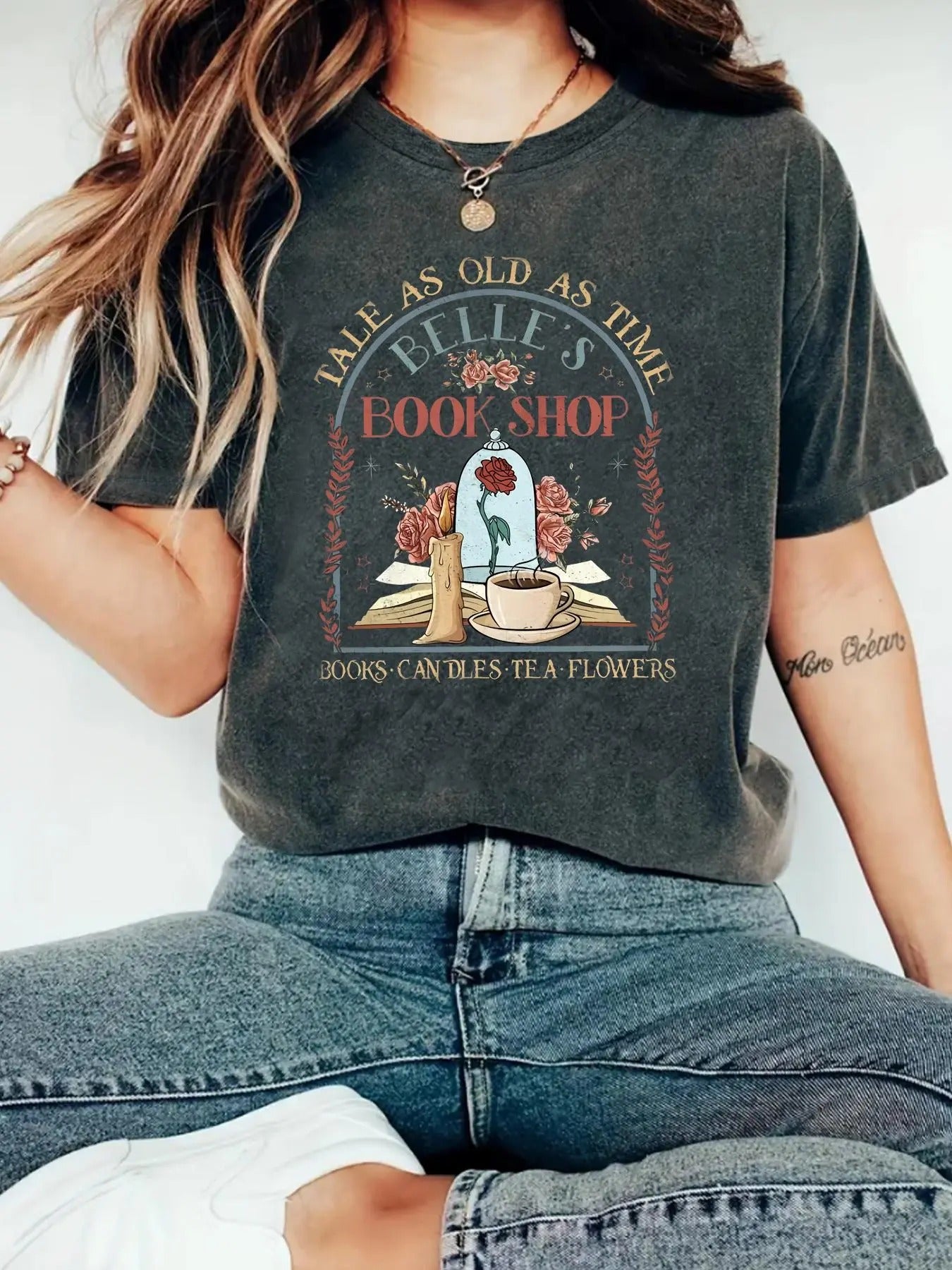 Women'WB shield Cartoon Floral & Letter Print Drop Shoulder Tee, Casual Short Sleeve Round Neck T-Shirt for Summer,...