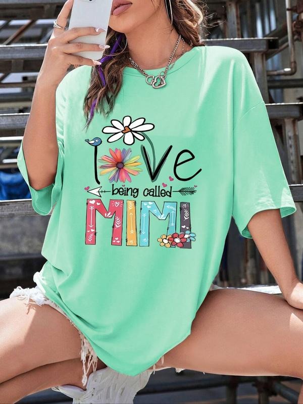 Women'WB shield Cartoon Floral & Letter Print Round Neck Tee, Fashion Casual Drop Shoulder Short Sleeve T-shirt, Ladies...