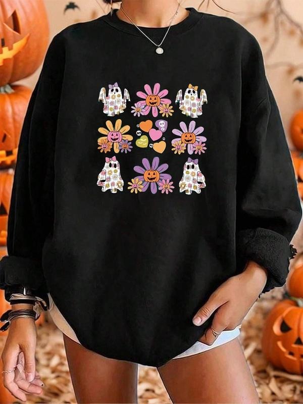 Women'WB shield Cartoon Floral Print Crew Neck Sweatshirt, Casual Drop Shoulder Long Sleeve Pullover, Women'WB shield...