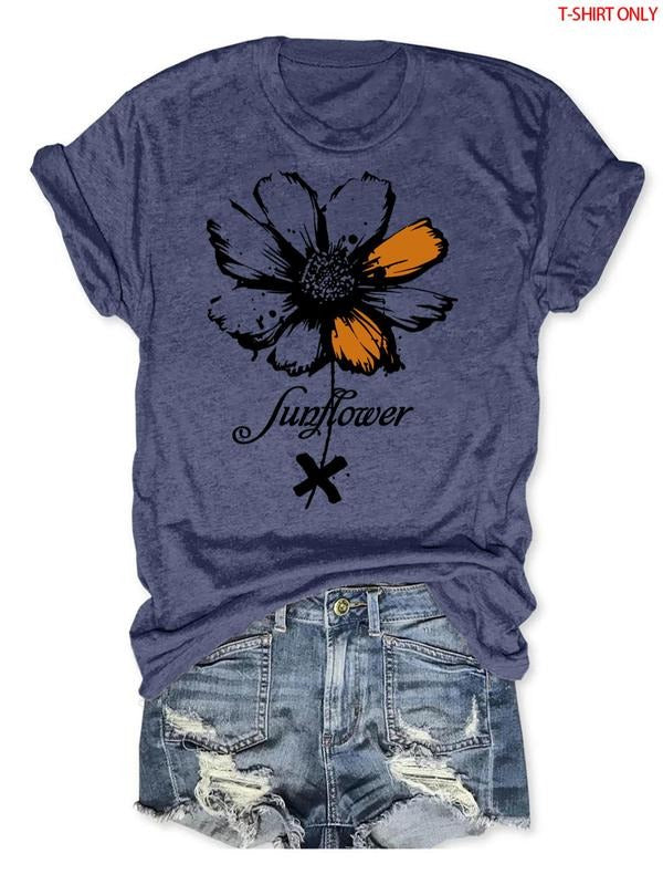 Women'WB shield Cartoon Flower Print Round Neck Tee, Fashion Casual Crew Neck T-Shirt for Daily Holiday Vacation Outdoor...