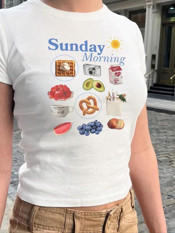 Women'WB shield Cartoon Food & Letter Print Round Neck Tee, Trendy Casual Short Sleeve T-Shirt for Daily Wear, Ladies...