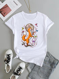 Women'WB shield Cartoon Fox & Butterfly Print Round Neck Tee, Summer Top TNF Women, Streetwear Casual Short Sleeve...