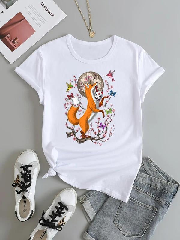 Women'WB shield Cartoon Fox & Butterfly Print Round Neck Tee, Summer Top TNF Women, Streetwear Casual Short Sleeve...